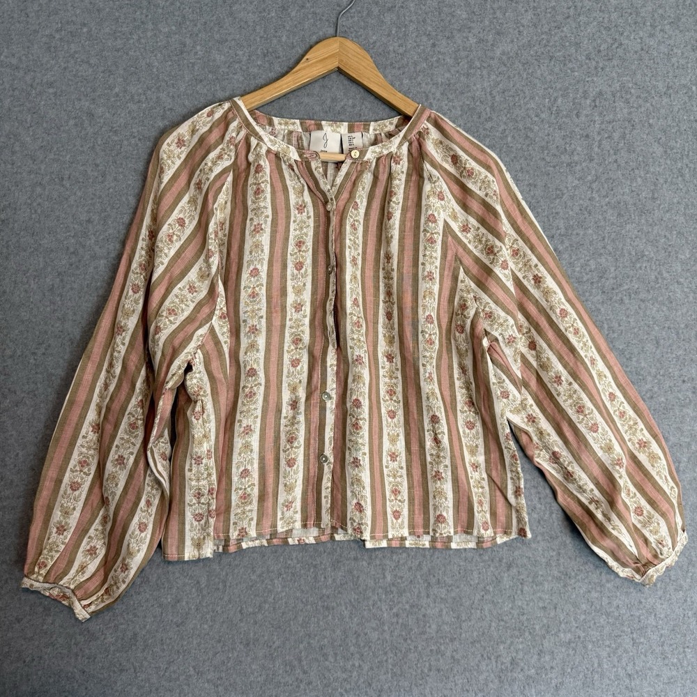 Joie Boho Floral Stripe Linen Peasant Shirt Balloon Sleeve Cottagecore